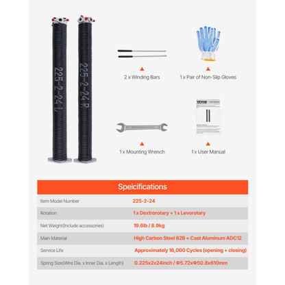 Garage Door Torsion Springs Pair of 5.72 x 50.8 x 610 mm with Winding Bars