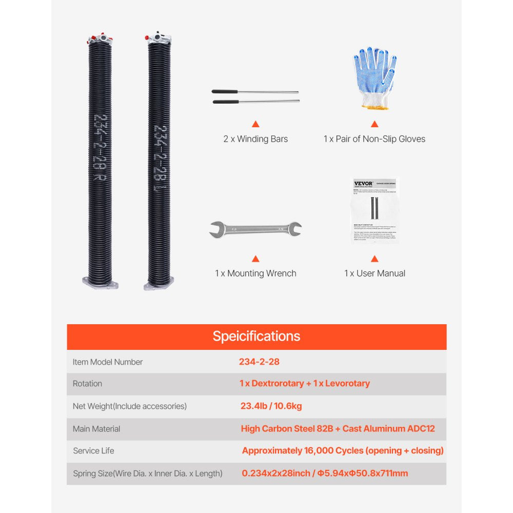 Garage Door Torsion Springs Pair of 5.94 x 50.8 x 711 mm with Winding Bars