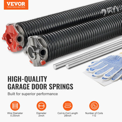 VEVOR Garage Door Torsion Springs, Pair of Φ6.35 x Φ50.8 x 711.2mm, 16000 Cycles,