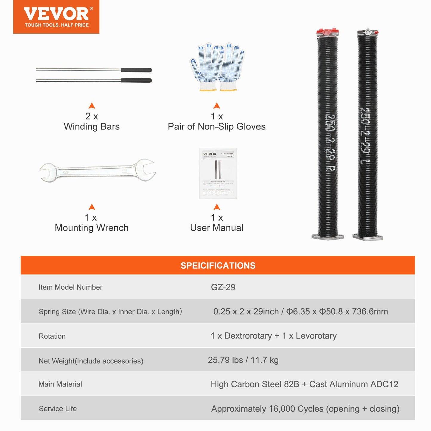 VEVOR Garage Door Torsion Springs, Pair of 0.25 x 2 x 29inch, Garage Door Springs