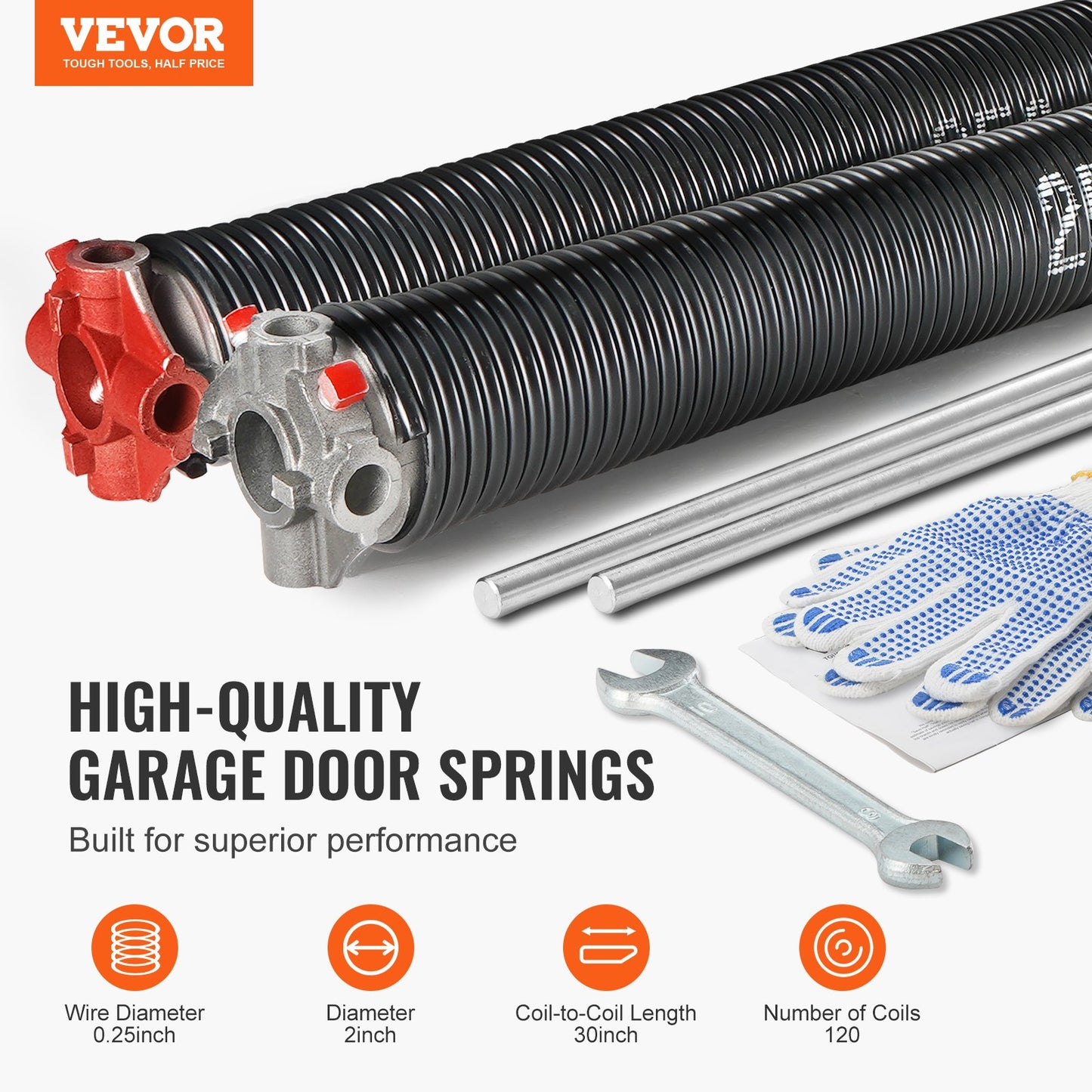 VEVOR Garage Door Torsion Springs, 16000 Cycles, Pair of 0.25 x 2 x 30inch, Garage