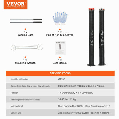 VEVOR Garage Door Torsion Springs, 16000 Cycles, Pair of 0.25 x 2 x 30inch, Garage