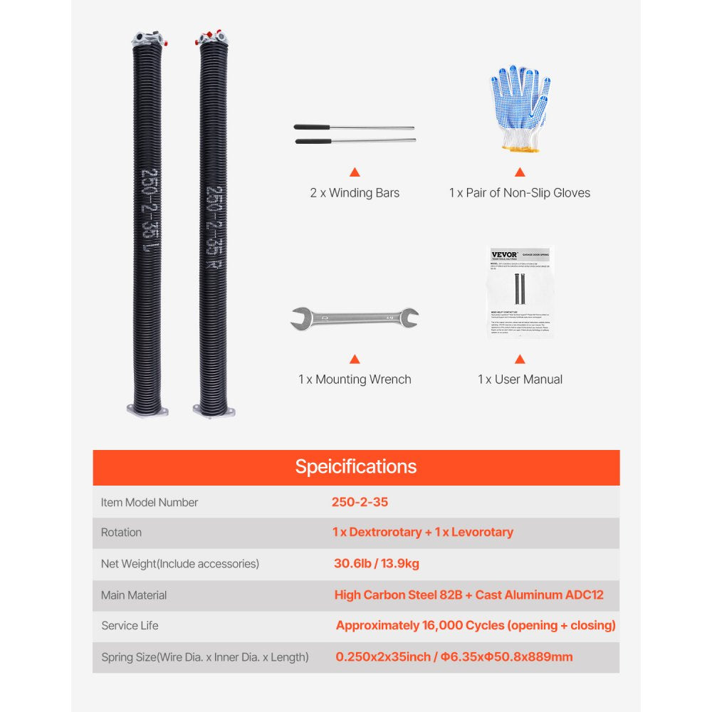 Garage Door Torsion Springs Pair of 6.35 x 50.8 x 889 mm with Winding Bars