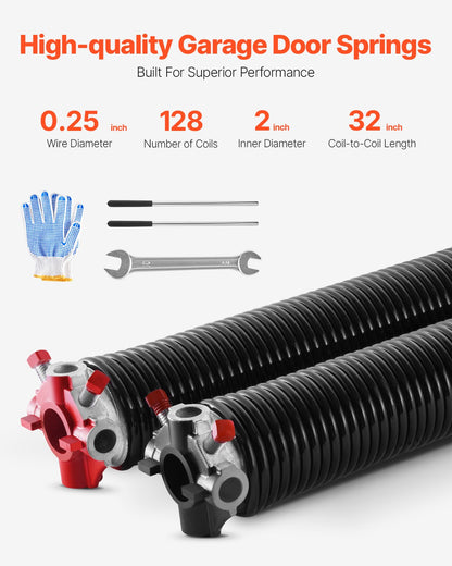Garage Door Torsion Springs, Pair of 6.35 x 50.8 x 813 mm, 16000 Cycles, Electrophoresis Black Coated for Replacement, Garage Door Springs with Non-Slip Winding Bars, Gloves and Mounting Wrench