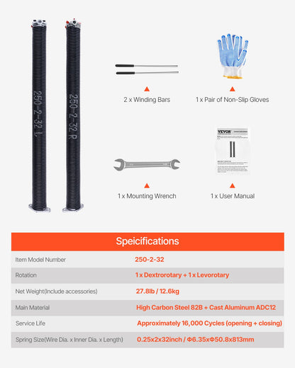Garage Door Torsion Springs, Pair of 6.35 x 50.8 x 813 mm, 16000 Cycles, Electrophoresis Black Coated for Replacement, Garage Door Springs with Non-Slip Winding Bars, Gloves and Mounting Wrench