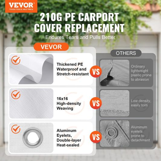 Heavy-duty 210g PE woven canopy fabric provides durable coverage for cars, trucks, and outdoor storage