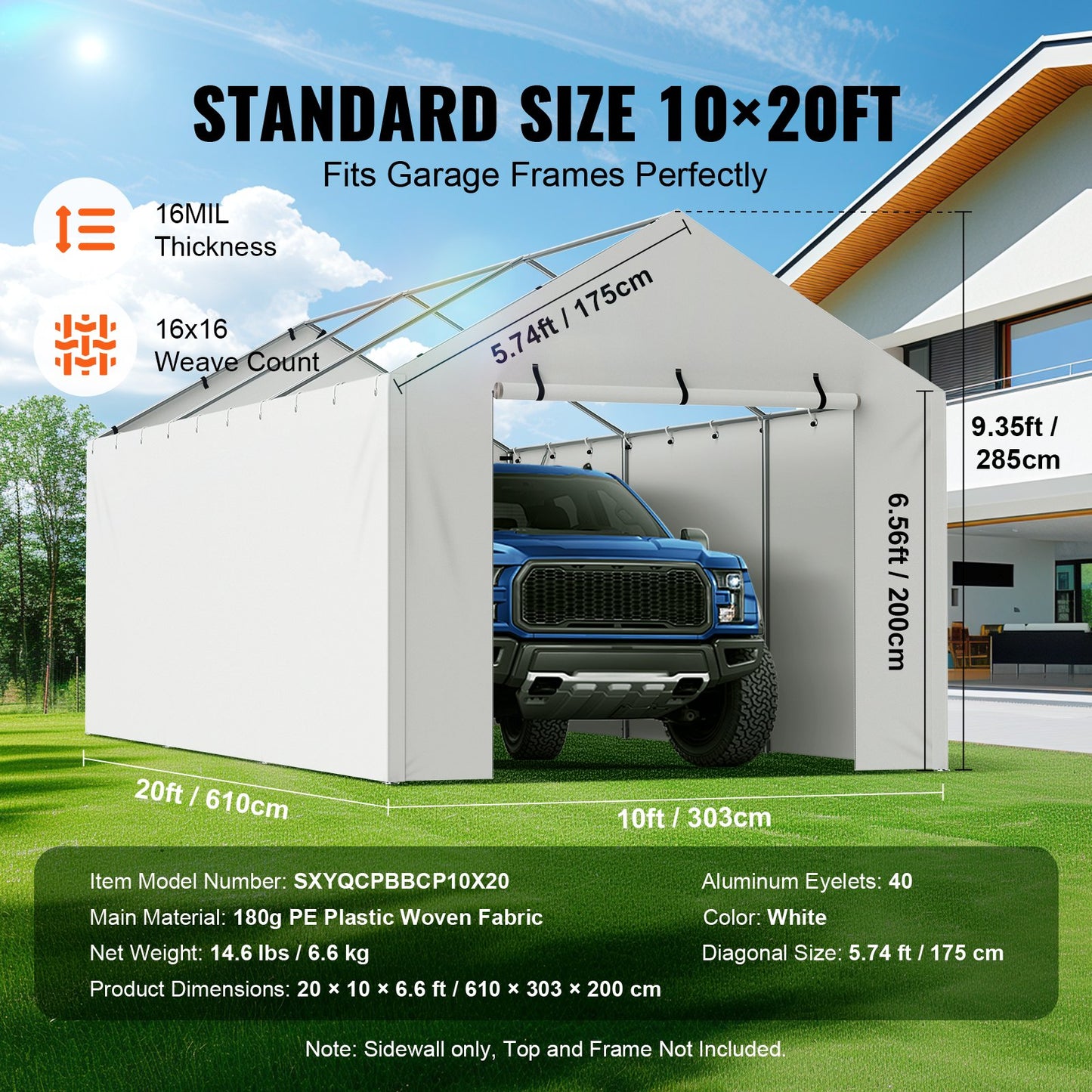 VEVOR Carport Replacement Canopy Cover Side Wall 10 x 20 ft, Garage Tent Shelter