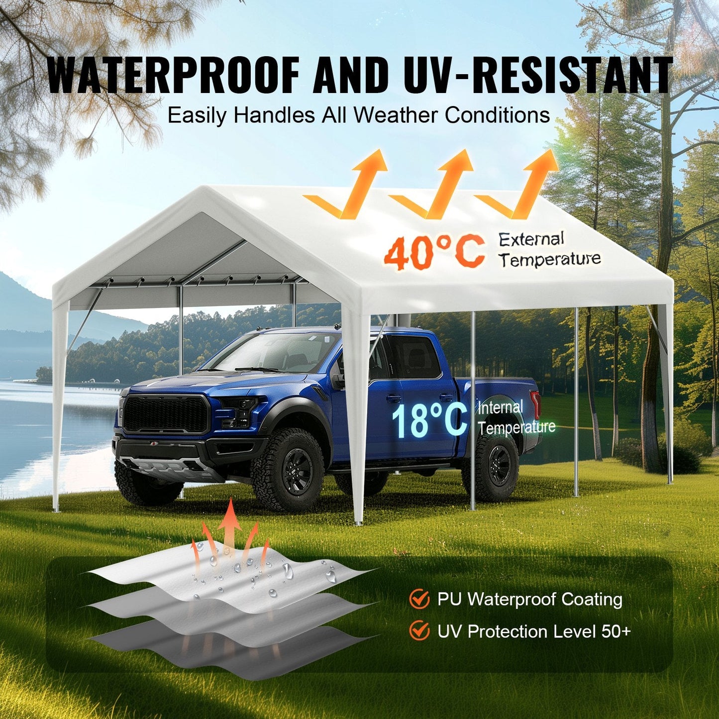 Heavy-Duty 3x6m Carport Canopy Cover, Waterproof & UV Protected Shelter Tarp