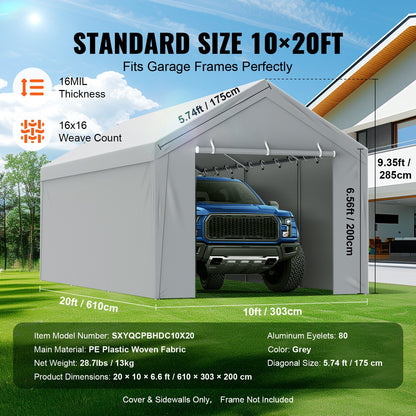 VEVOR Carport Replacement Canopy Cover Top + Side Wall 10 x 20 ft, Garage Tent Shelter