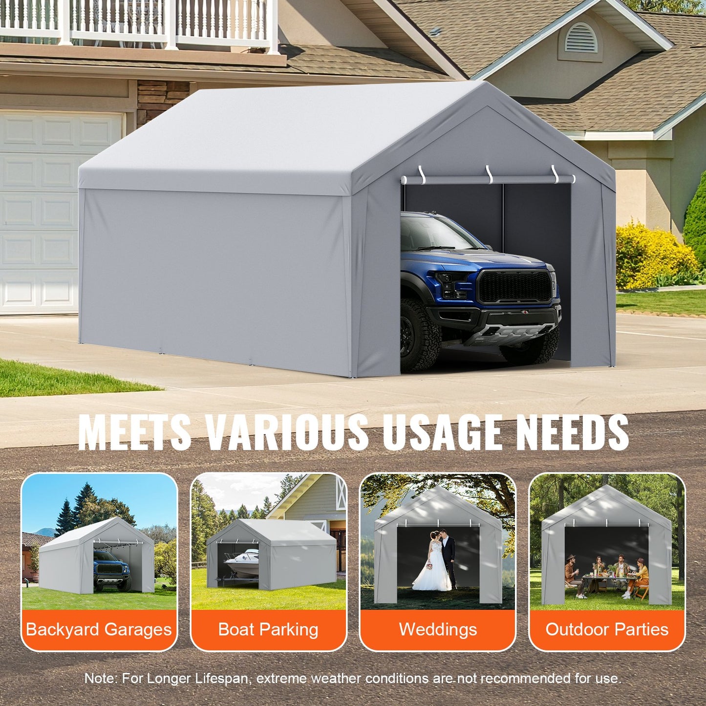VEVOR Carport Replacement Canopy Cover Top + Side Wall 10 x 20 ft, Garage Tent Shelter