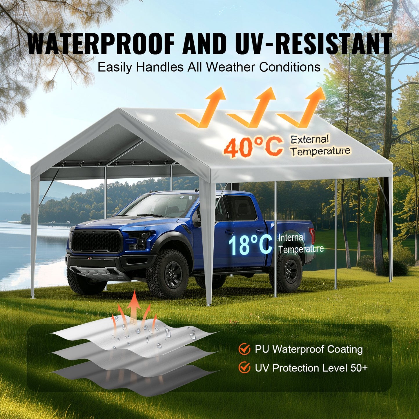 VEVOR Carport Replacement Canopy Cover 10 x 20 ft, Garage Top Tent Shelter Tarp