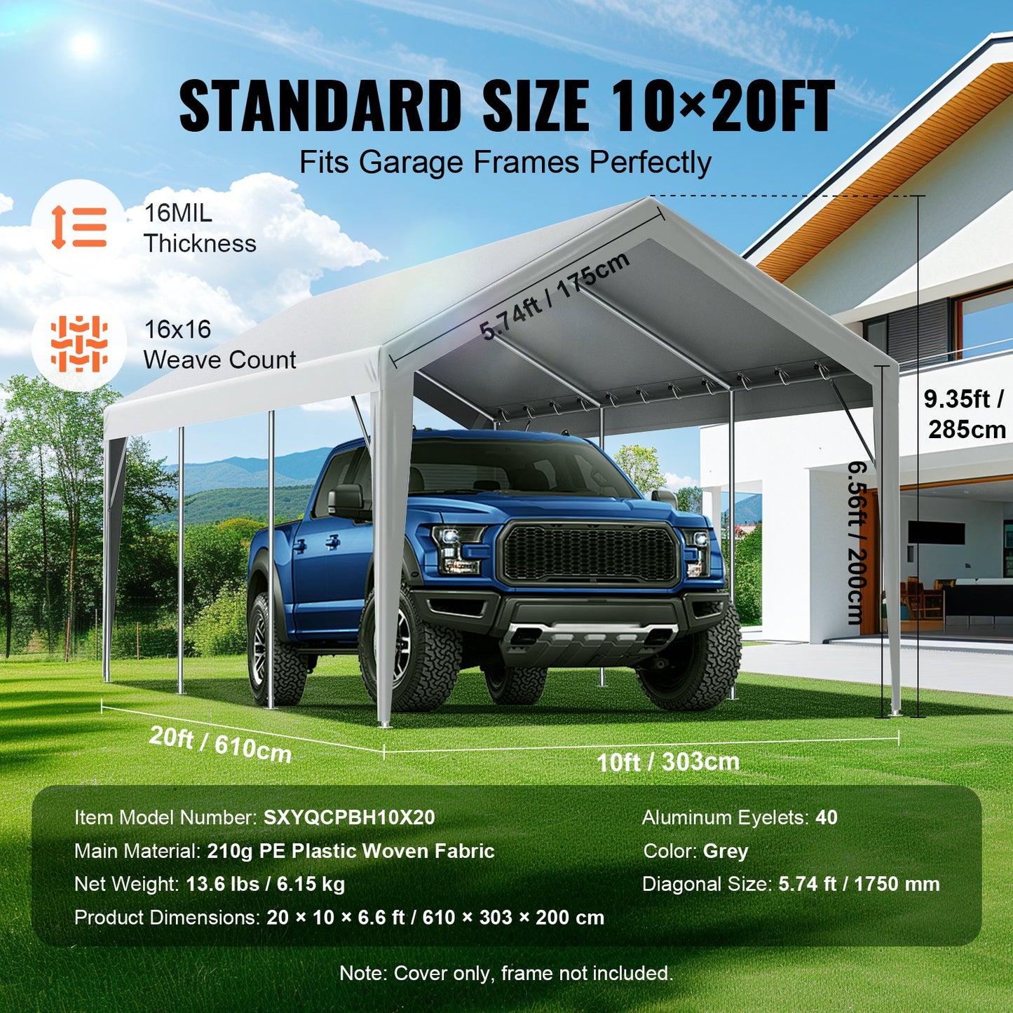 VEVOR Carport Replacement Canopy Cover 10 x 20 ft, Garage Top Tent Shelter Tarp