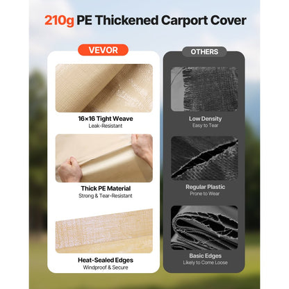 Carport Replacement Canopy, 3 x 6 m Potable Garage Tent Top Tarp with Sidewalls, UV-Resistant & Waterproof, Heavy Duty Car Shelter Tarp with Ball Buggees, Beige, Frame Not Included