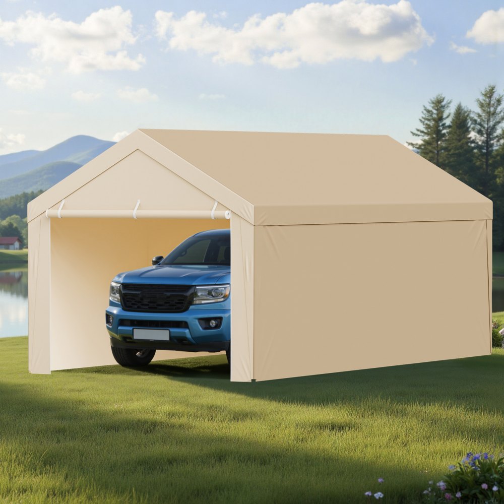 Carport Replacement Canopy, 3 x 6 m Potable Garage Tent Top Tarp with Sidewalls, UV-Resistant & Waterproof, Heavy Duty Car Shelter Tarp with Ball Buggees, Beige, Frame Not Included