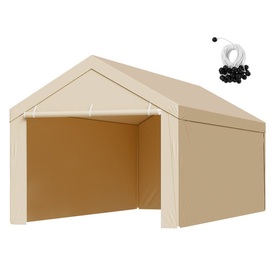 Carport Replacement Canopy, 3 x 6 m Potable Garage Tent Top Tarp with Sidewalls, UV-Resistant & Waterproof, Heavy Duty Car Shelter Tarp with Ball Buggees, Beige, Frame Not Included