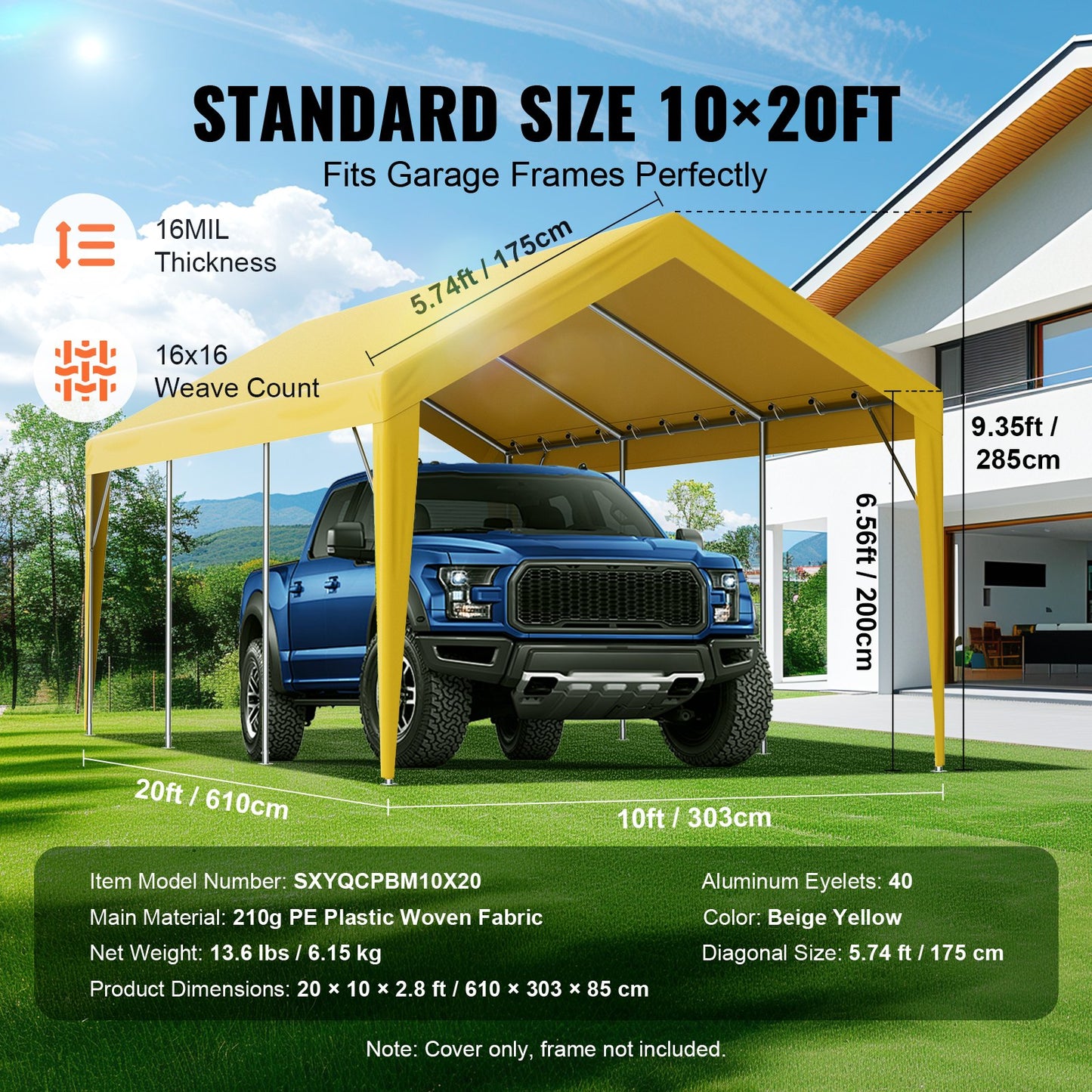 VEVOR Carport Replacement Canopy Cover 10 x 20 ft, Garage Top Tent Shelter Tarp