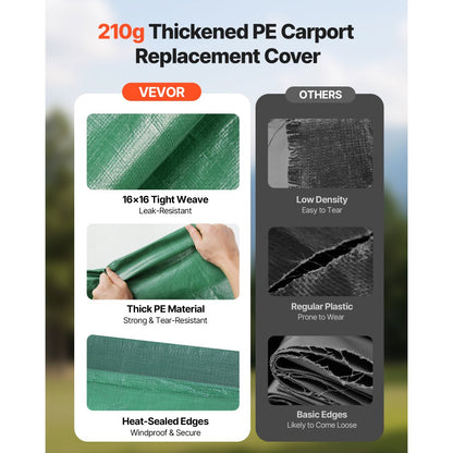 Carport Replacement Canopy, 3 x 6 m Potable Garage Tent Top Tarp, UV-Resistant & Waterproof Car Shelter Tarp, Heavy Duty Car Port Cover with Ball Buggees, Dark Green, Frame Not Included