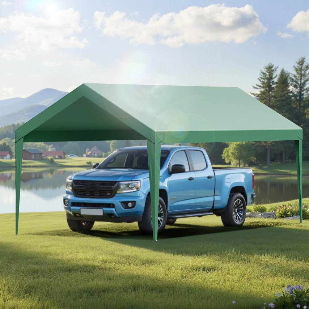 Carport Replacement Canopy, 3 x 6 m Potable Garage Tent Top Tarp, UV-Resistant & Waterproof Car Shelter Tarp, Heavy Duty Car Port Cover with Ball Buggees, Dark Green, Frame Not Included
