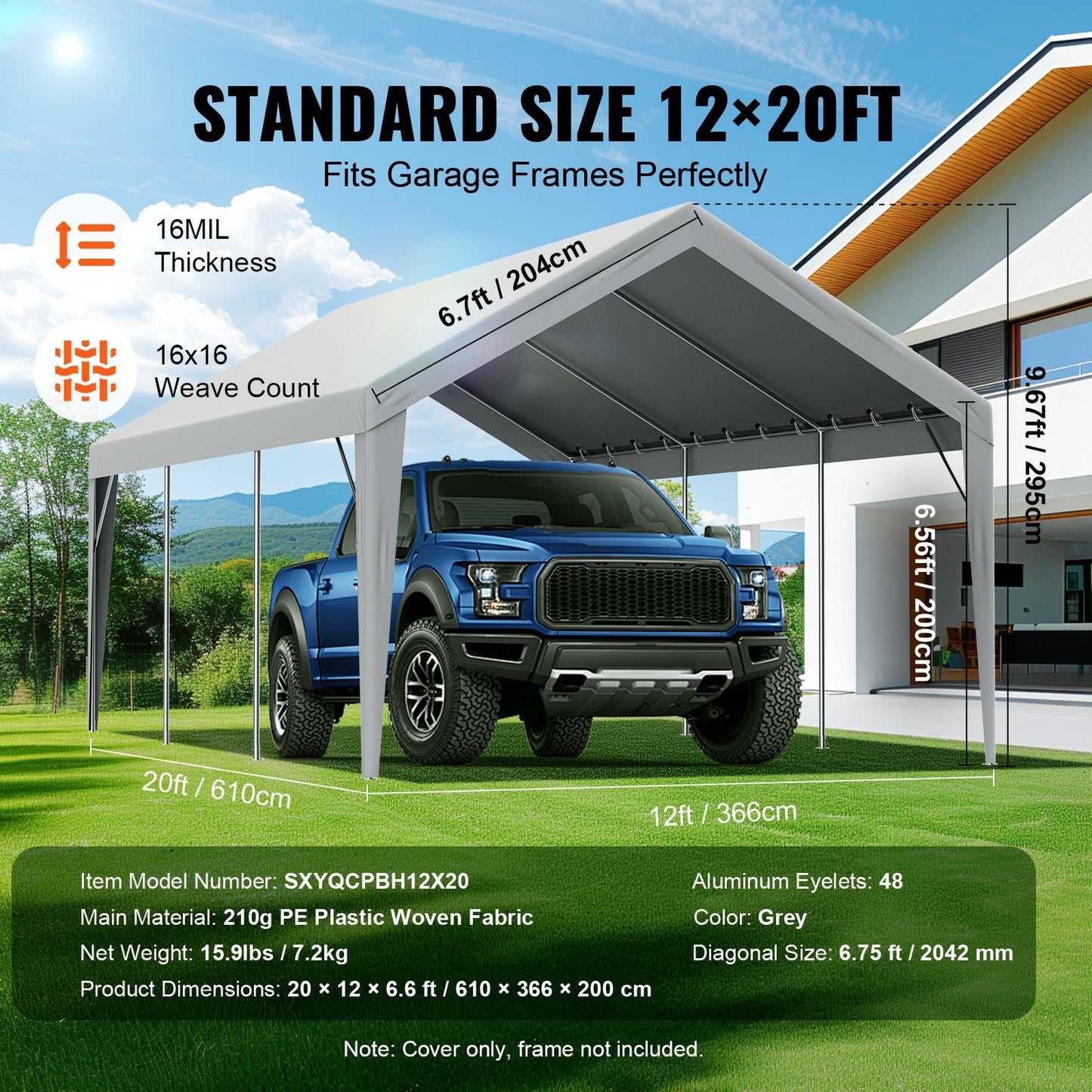 VEVOR Carport Replacement Canopy Cover 12 x 20 ft, Garage Top Tent Shelter Tarp