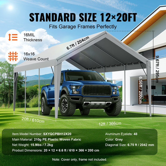 Heavy-Duty 3.7 x 6.1m Carport Canopy Cover, Waterproof UV Resistant Tarp, Grey