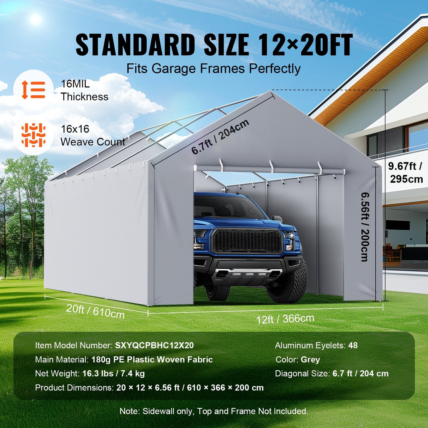 VEVOR Carport Replacement Canopy Cover Side Wall 12 x 20 ft, Garage Tent Shelter