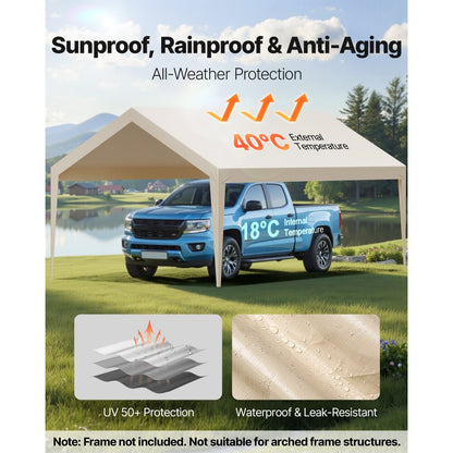 Carport Replacement Canopy, 3.6 x 6 m Potable Garage Tent Top Tarp, UV-Resistant & Waterproof Car Shelter Tarp, Heavy Duty Car Port Cover with Ball Buggees, Beige, Frame Not Included