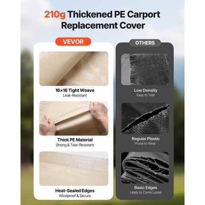 Carport Replacement Canopy, 3.6 x 6 m Potable Garage Tent Top Tarp, UV-Resistant & Waterproof Car Shelter Tarp, Heavy Duty Car Port Cover with Ball Buggees, Beige, Frame Not Included