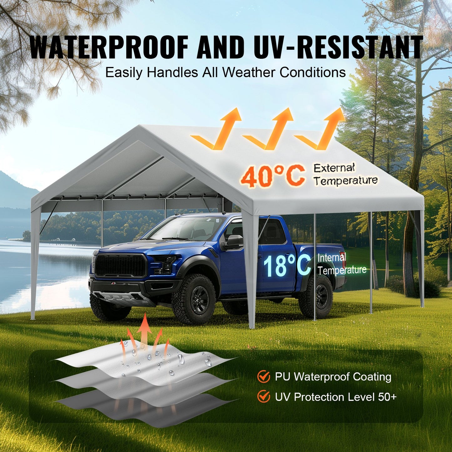 VEVOR Carport Replacement Canopy Cover 13 x 20 ft, Garage Top Tent Shelter Tarp