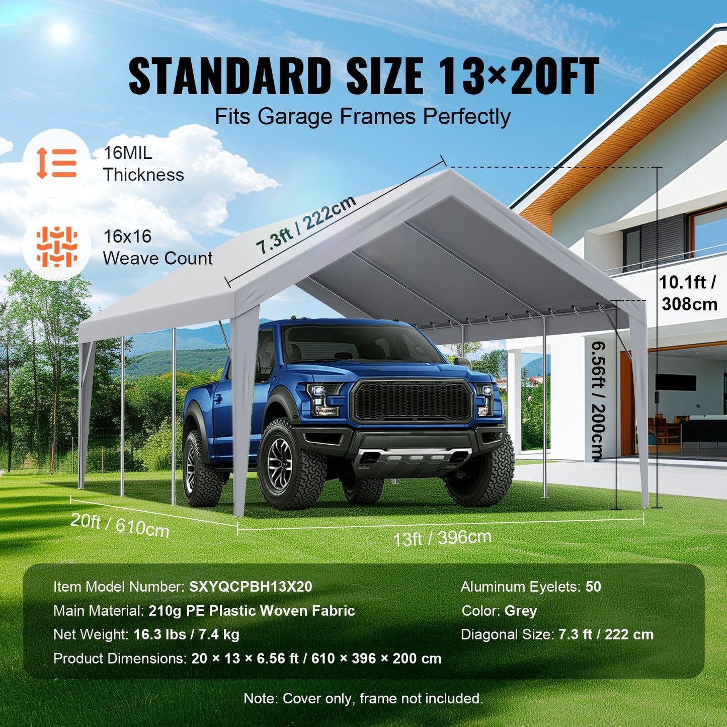 VEVOR Carport Replacement Canopy Cover 13 x 20 ft, Garage Top Tent Shelter Tarp