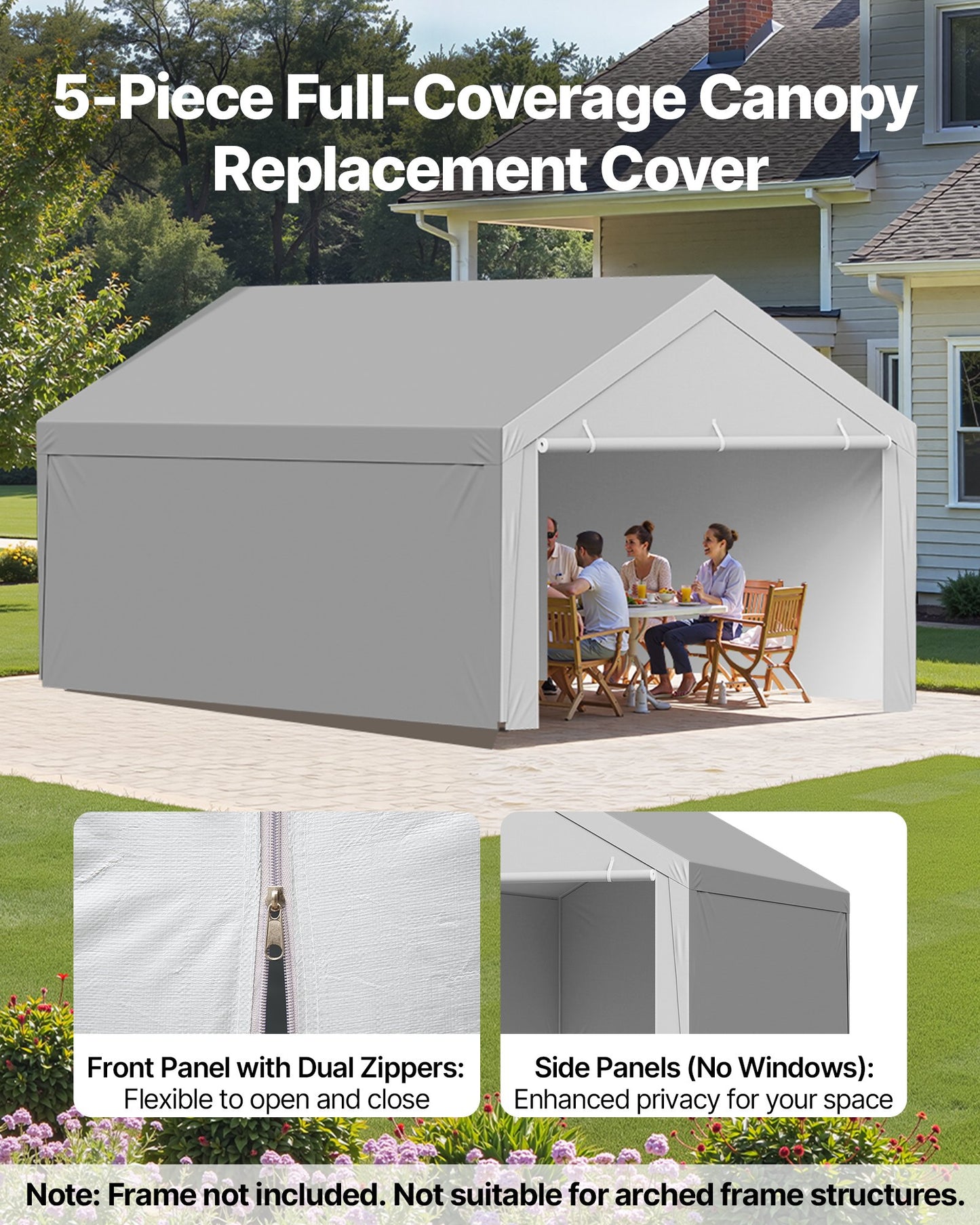 Carport Replacement Canopy, 6 x 4 m Potable Garage Tent Top Tarp with Sidewalls, UV-Resistant & Waterproof, Heavy Duty Car Shelter Tarp with Ball Buggees, Grey, Frame Not Included