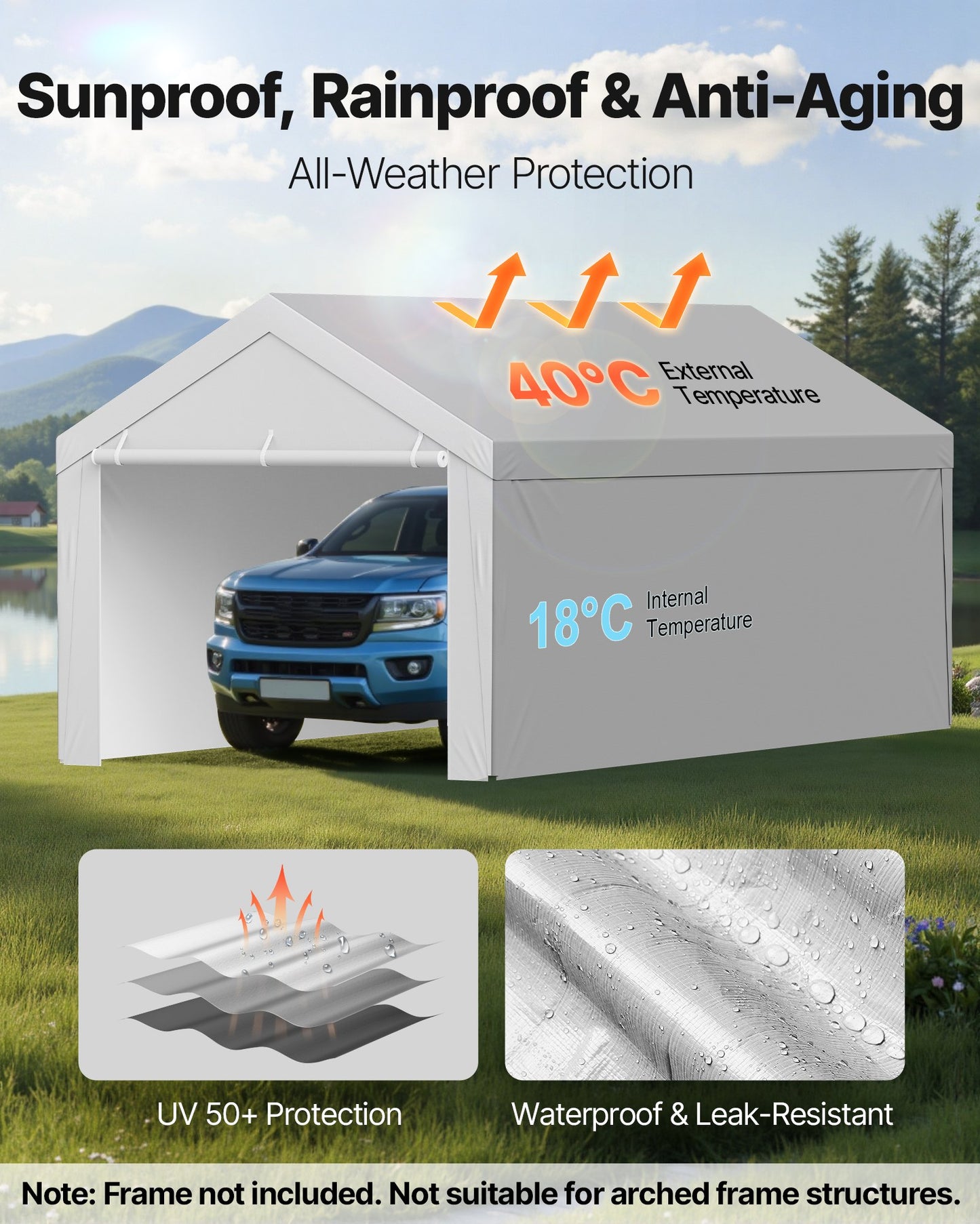 Carport Replacement Canopy, 6 x 4 m Potable Garage Tent Top Tarp with Sidewalls, UV-Resistant & Waterproof, Heavy Duty Car Shelter Tarp with Ball Buggees, Grey, Frame Not Included