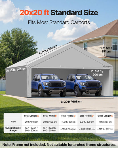 Carport Replacement Canopy, 6 x 6 m Potable Garage Tent Top Tarp with Sidewalls, UV-Resistant & Waterproof, Heavy Duty Car Shelter Tarp with Ball Buggees, Grey, Frame Not Included