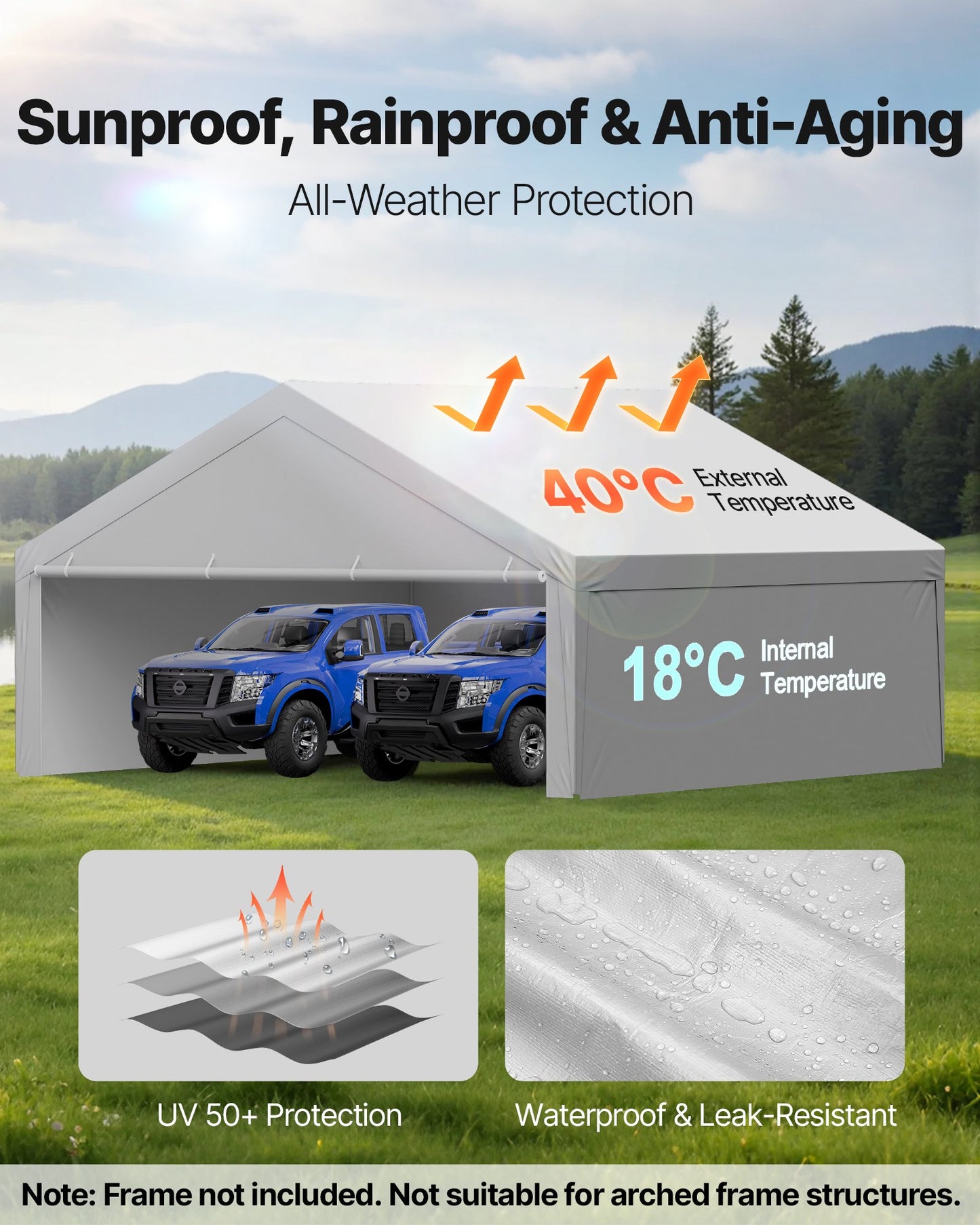 Carport Replacement Canopy, 6 x 6 m Potable Garage Tent Top Tarp with Sidewalls, UV-Resistant & Waterproof, Heavy Duty Car Shelter Tarp with Ball Buggees, Grey, Frame Not Included