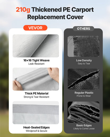 Carport Replacement Canopy, 6 x 6 m Potable Garage Tent Top Tarp with Sidewalls, UV-Resistant & Waterproof, Heavy Duty Car Shelter Tarp with Ball Buggees, Grey, Frame Not Included