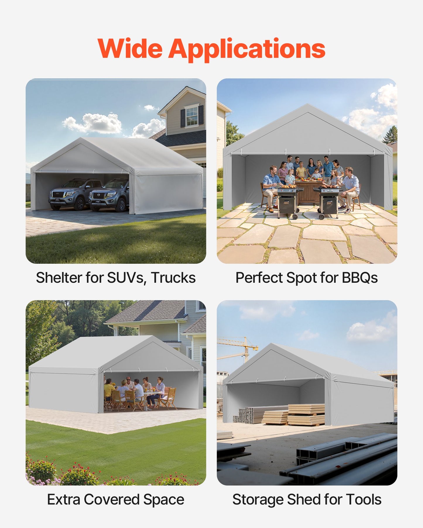 Carport Replacement Canopy, 6 x 6 m Potable Garage Tent Top Tarp with Sidewalls, UV-Resistant & Waterproof, Heavy Duty Car Shelter Tarp with Ball Buggees, Grey, Frame Not Included