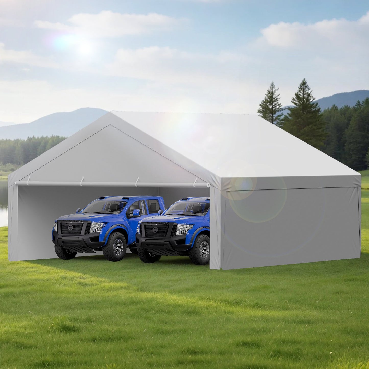 Carport Replacement Canopy, 6 x 6 m Potable Garage Tent Top Tarp with Sidewalls, UV-Resistant & Waterproof, Heavy Duty Car Shelter Tarp with Ball Buggees, Grey, Frame Not Included