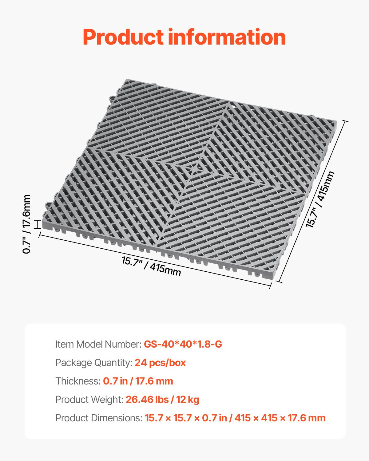 VEVOR Drainage Mat Modular Interlocking Mat 41.5 x 41.5 cm Drainage Floor Tile