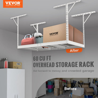 White overhead garage storage rack made from heavy-duty steel with a 550-pound load capacity