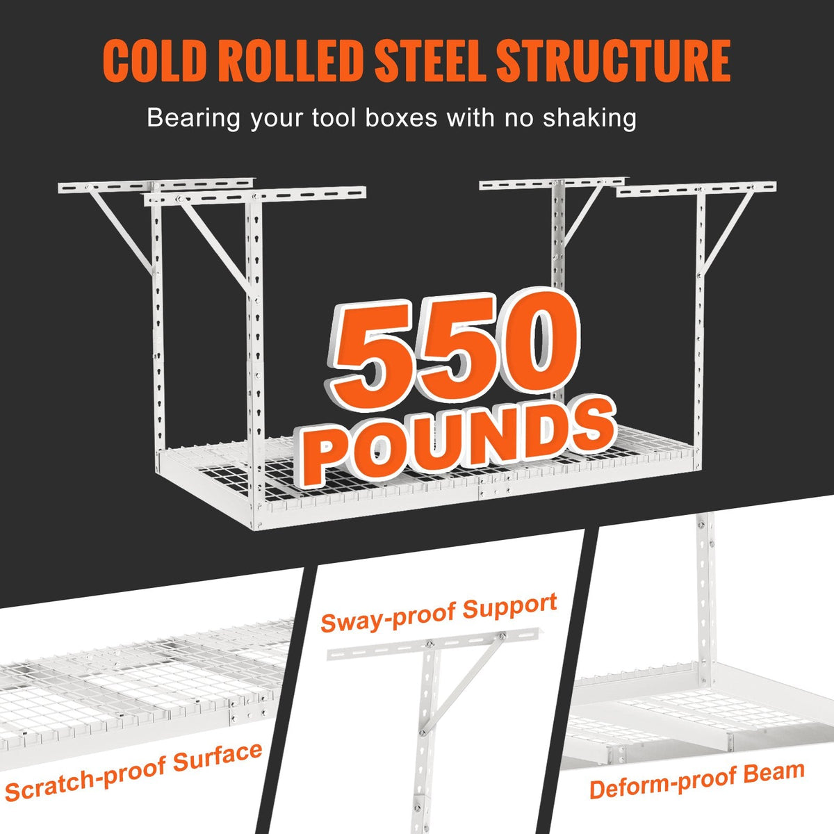 Garage ceiling rack adjusts from 22 to 40 inches to fit different ceiling heights and storage needs