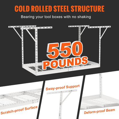 Garage ceiling rack adjusts from 22 to 40 inches to fit different ceiling heights and storage needs
