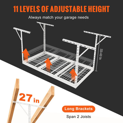 Reinforced beams and diagonal braces keep the ceiling-mounted garage rack stable and secure