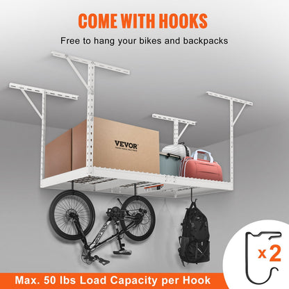 Ceiling storage rack clears clutter from garage floors, worktables, and other living spaces