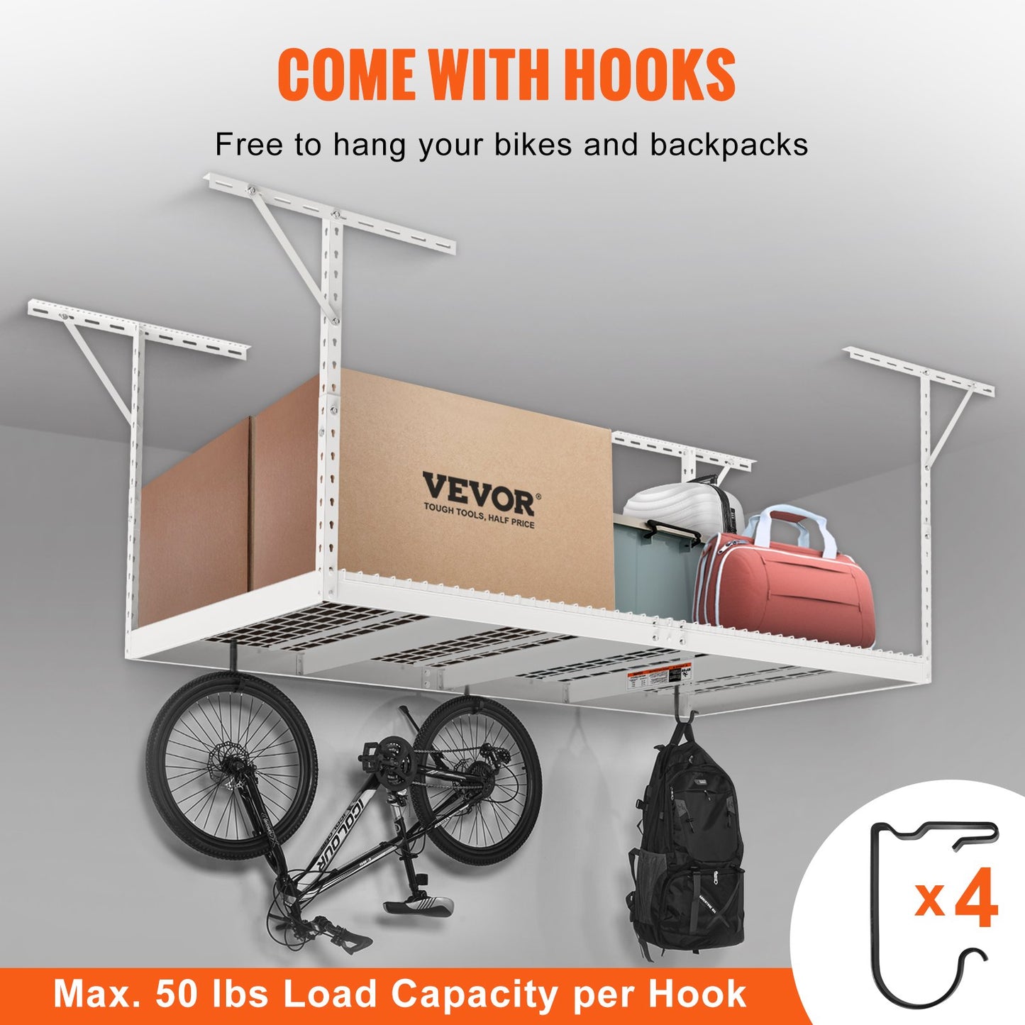 VEVOR Overhead Adjustable Garage Storage Rack 48x96in Ceiling Rack 600lbs White