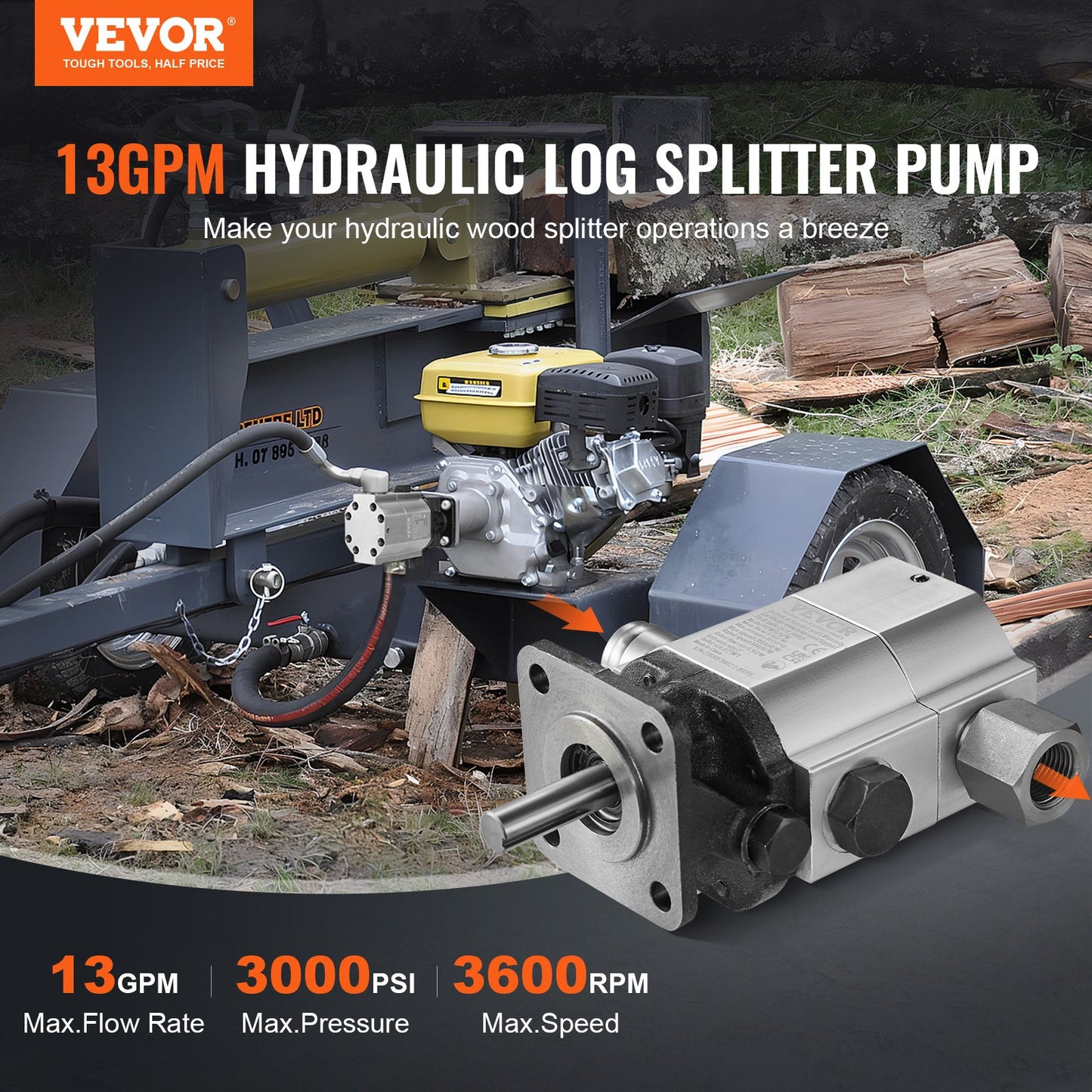 VEVOR Hydraulic Log Splitter Pump, 13GPM, 2 Stage 3000PSI Wood Log Splitter Pump,