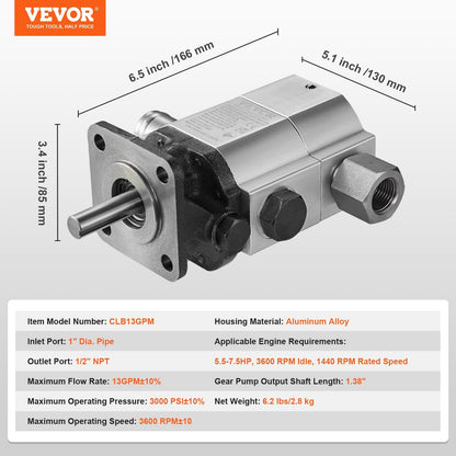 Hydraulic Log Splitter Pump, 13GPM, 3000PSI, 3600RPM, Aluminum Gear Pump