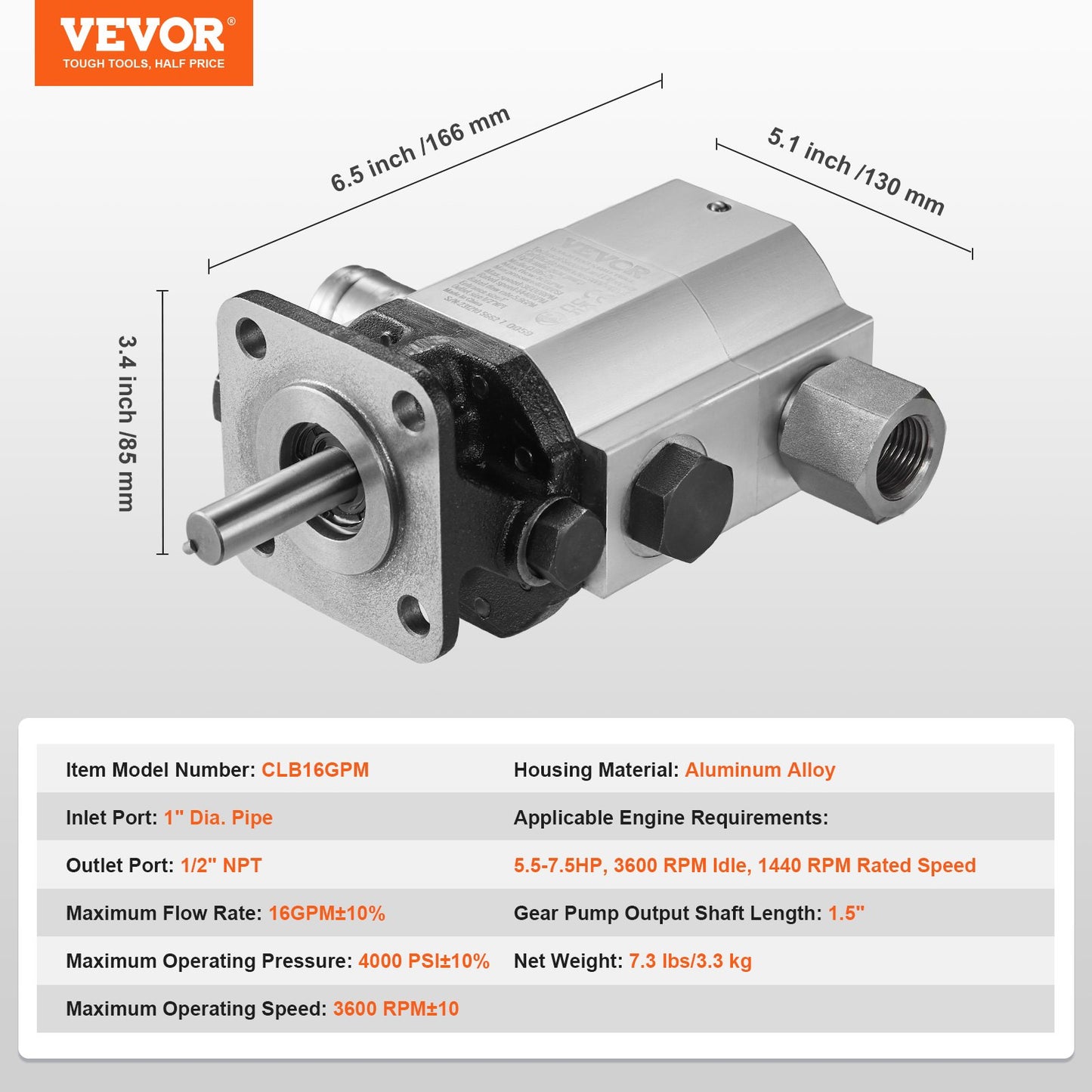 VEVOR Hydraulic Log Splitter Pump, 16GPM, 2 Stage 4000PSI Wood Log Splitter Pump,