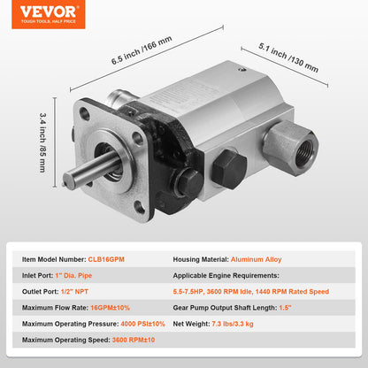 VEVOR Hydraulic Log Splitter Pump, 16GPM, 2 Stage 4000PSI Wood Log Splitter Pump,