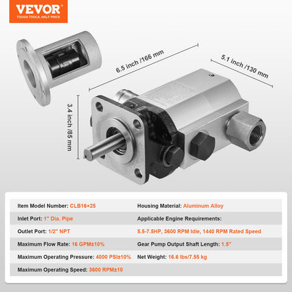 VEVOR Hydraulic Wood Log Splitter Pump Kit, 16 GPM, 2 Stage 4000 PSI Aluminum Hydraulic