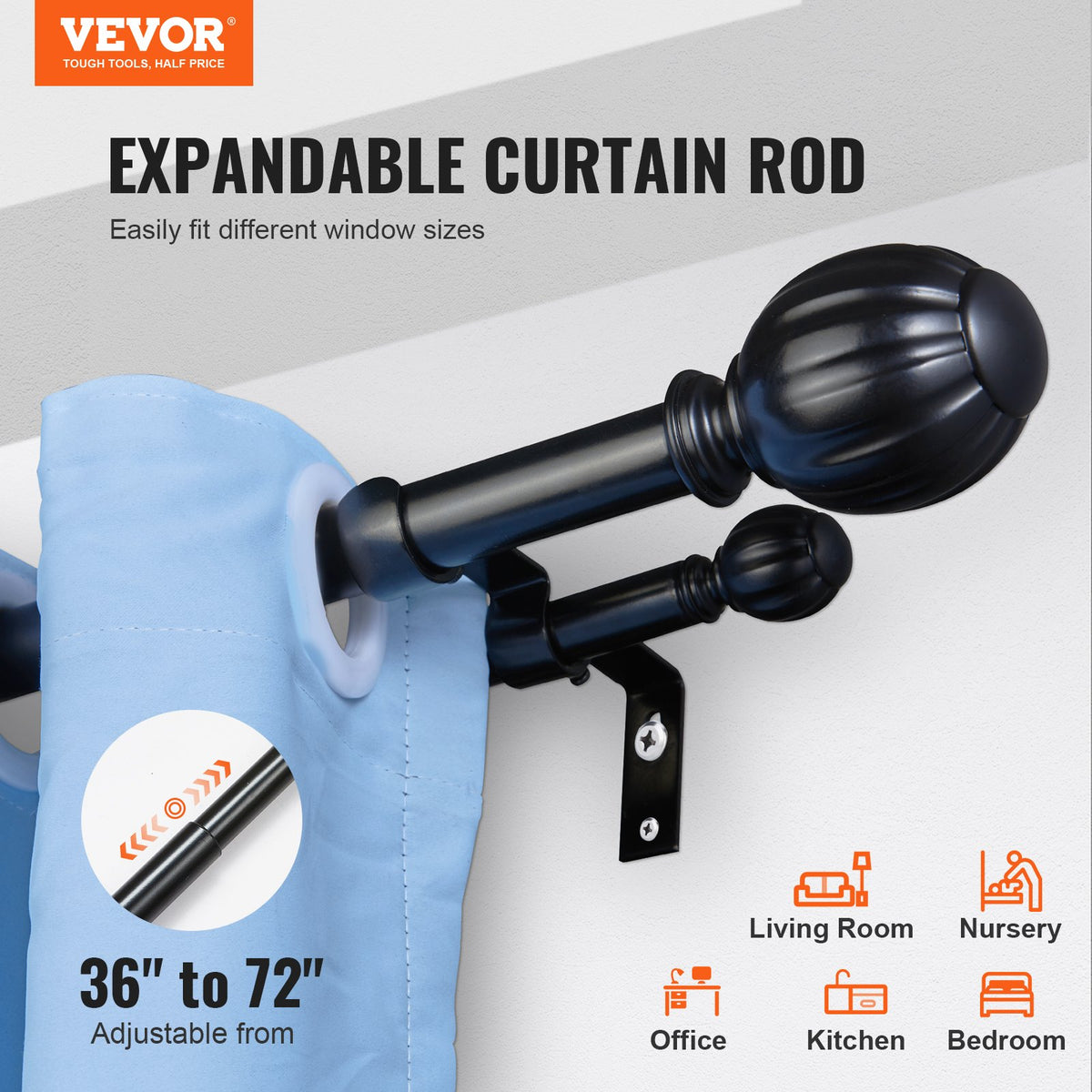 VEVOR Double Rod Curtain Rods, 36-72 inches(3-6ft) Adjustable Length, Black Double