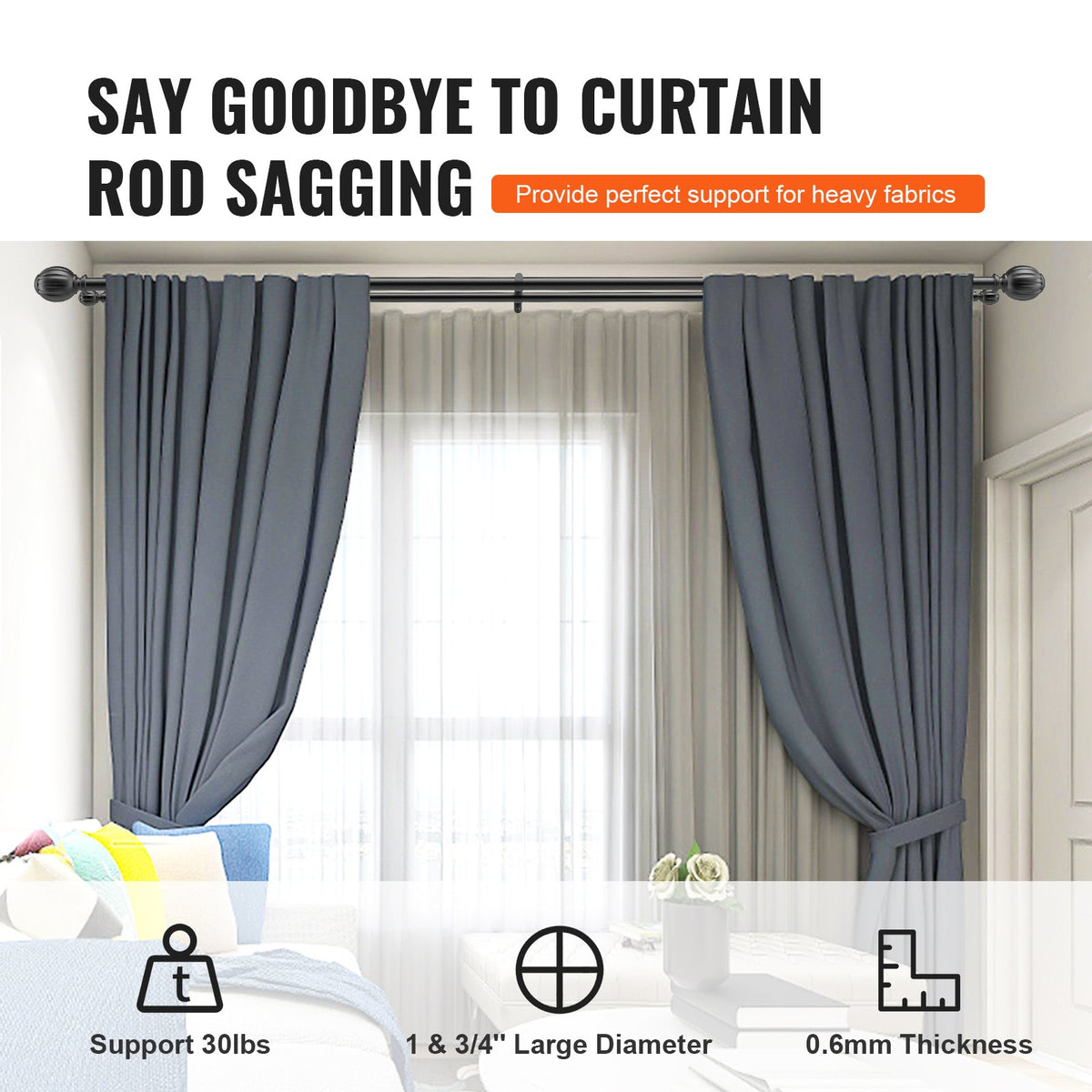 VEVOR Double Rod Curtain Rods, 36-72 inches(3-6ft) Adjustable Length, Black Double